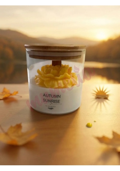 Mumelia Autumn Sunrise Şakayık Figürlü - Doğal Soya Cam Kavanoz Tasarım Mum - Sarı