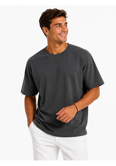 Vasto Moda Erkek Tam Oversize Kalıp Kalın Dokulu Organik Pamuk Bisiklet Ribana Yakalı Füme T-shirt