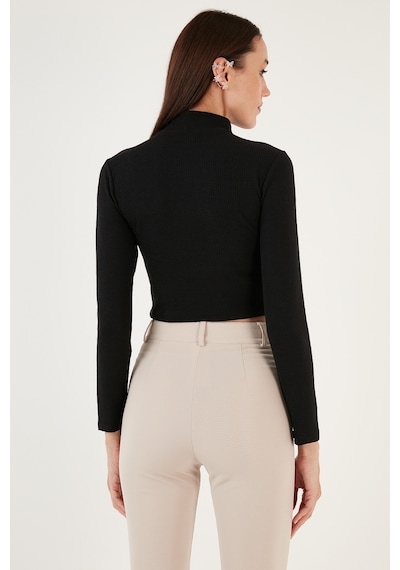 Lela Esnek Slim Fit Cut Out Pencereli Dik Yaka Crop Bayan Bluz 5865348 Siyah