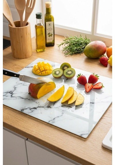 Makri Home Çiçek Desenli Cam, Kesme Tahtası, 25 35 Cm Çok Renkli