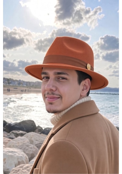 Mollycrush Erkek Mevsimlik Vintage Kiremit Turuncu Fötr Şapka Kemerli Şık Keçe Fedora Tasarımı Kiremit