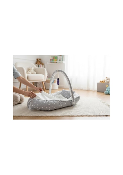 Linoababy Yıldız Cibinlikli Babynest Bebek Yatağı Anne Yanı Yatağı - Gri