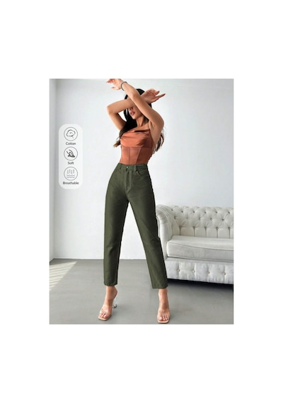 Kene Jeans Yüksek Bel Haki Keten Mom Pantolon Haki