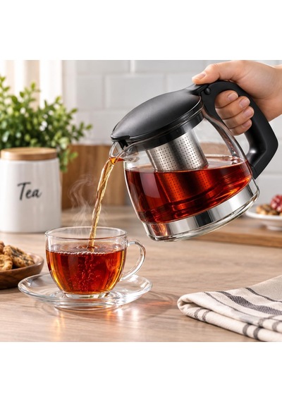 Süzgeçli Borosilikat Cam Demlik Paslanmaz Çelik Filtreli, Ergonomik Kulplu Bitki Çayı & Yaprak Çay Demliği 70 Diğer