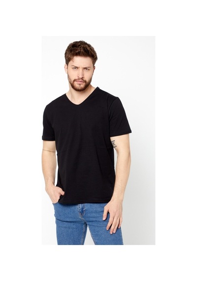 Comeor Erkek Siyah Slim Fit Pamuklu Kısa Kollu V Yaka T-Shirt Siyah