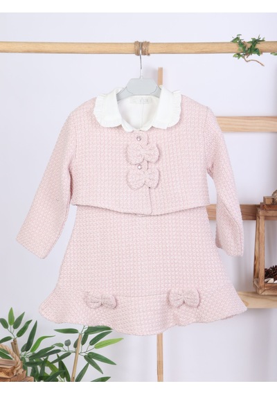 Xo Kids Bebe Yakalı Pudra Fiyonklu Tüvit Kız Çocuk 3lü Ceketli Elbise Takmı 2-7 Yaş 4421 Pembe