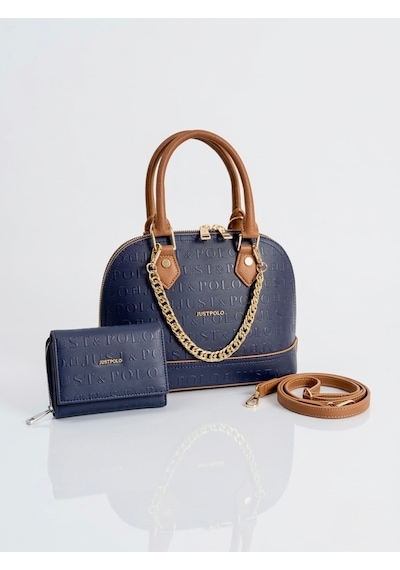 Just Polo Kadın Zincir Detaylı Lüks El & Omuz Çantası Ve Cüzdanı Kombin Shopper Ebat : 25x22 Cm Lacivert - Taba