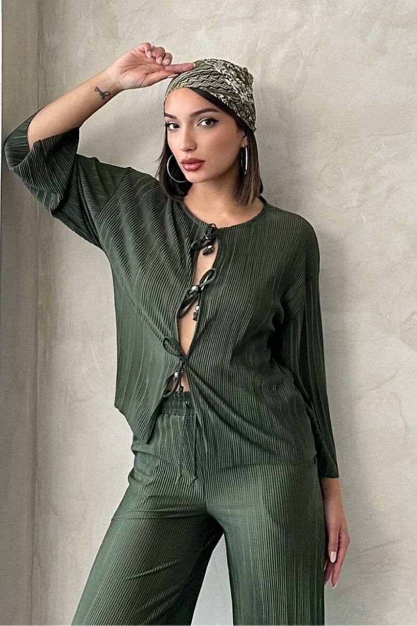 Verymoda Önden Bağlamalı Plise Gömlek - F1739 Haki