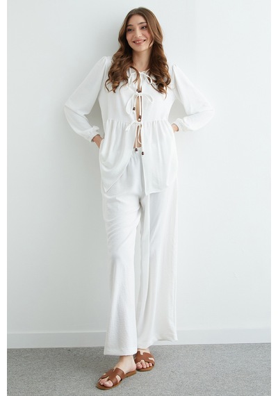 Fullamoda Fullamodest Önü Bağlamalı Ayrobin Kimono 2 Li Takım Beyaz