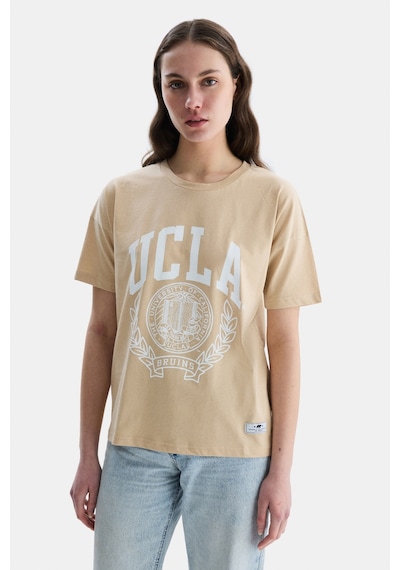 Ucla Avalon Kahve Bisiklet Yaka Baskılı Oversize Kadın Tshirt Kahve