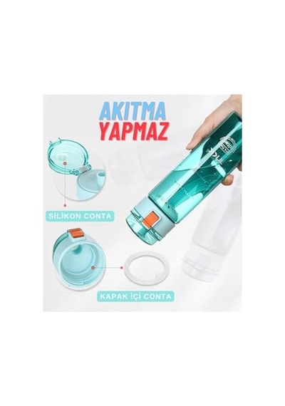 Tkk 550ml Pipetsiz Rahat İçim Kilitlenebilir Kapak Taşıma Kulplu Tritan Su Matarası Turkuaz Genel
