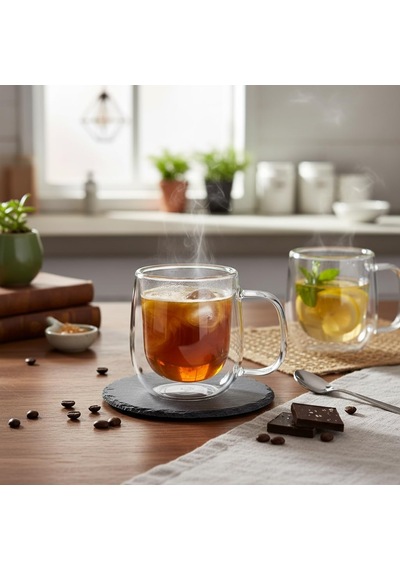 Lexroo Çift Cidarlı Kulplu Cam Kupa - 250 Ml Isıya Dayanıklı Borosilikat Çay Ve Kahve Kupası Çok Renkli