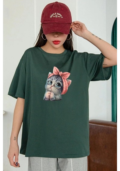 Flood Of Style Unisex Sevimli Kedi Tasarım T-shirt Yeşil