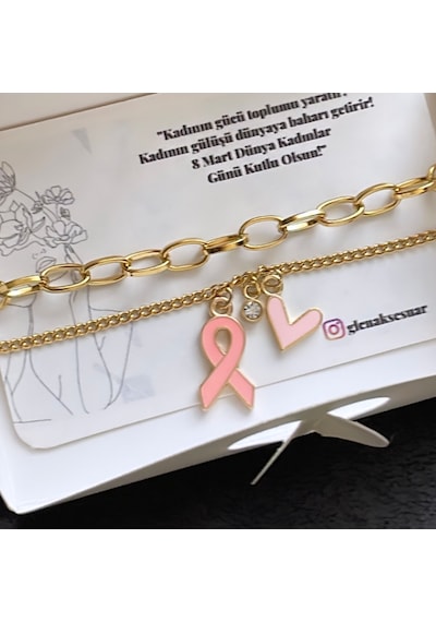 Pembe Kurdele Ve Kalp Detaylı Paslanmaz Çelik Kadın Bilekliği Altın - Çelik