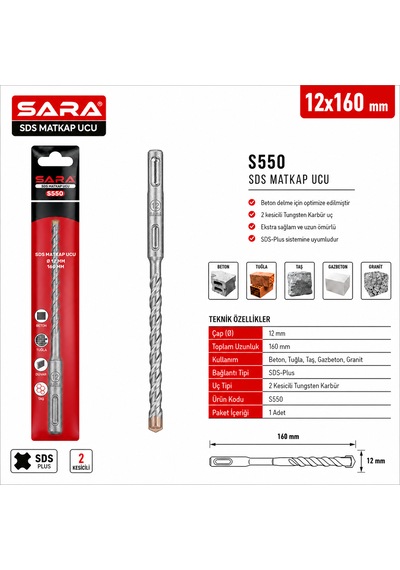 Sara S-550 Sds Plus Matkap Ucu 12 X 160 Mm, 2 Kesicili, Tungsten Karbür Uçlu