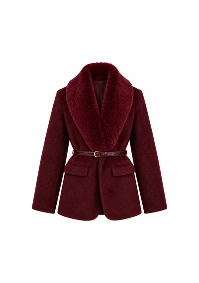 Laluvia Bordo Kürk Yaka Peluş Ceket - 9688