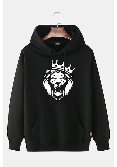 Unisex Siyah Dark Black Önü Aslan Baskılı Kapüşonlu Sweatshirt Dark Black