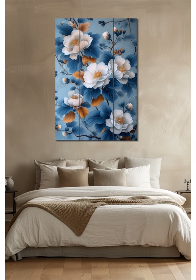 Çiçek Baskılı Cam Tablo Mavi Beyaz Floral Desenli Şık Dekoratif Duvar Tablosu
