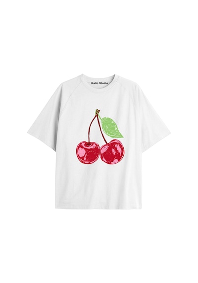 Kalic Studio Y2k Vintage Cherry Baskılı Siyah T-shirt Kod 61 Beyaz-61