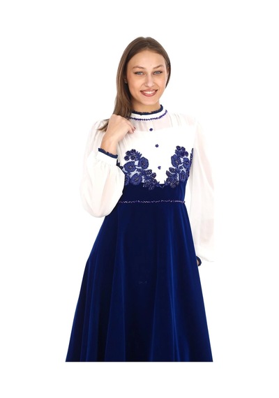 Göğüs Dantel İşlemeli Kadife Abiye 2743- Saks