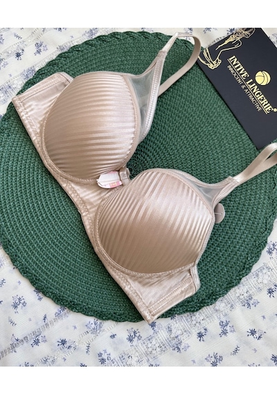 Evelyn Parlak Saten Çizgi Detaylı C Cup Balenli Desteksiz Önü Tül Bej