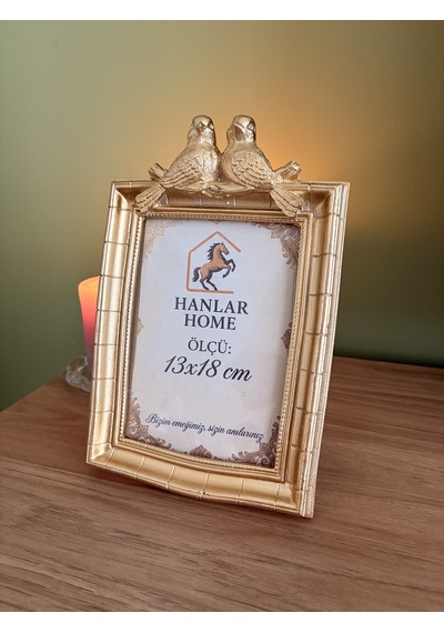 Çifte Kumrular Parlak Altın Varak Eskitme Vintage Çerçeve Kuş Figürlü Masaüstü Dekoratif Fotoğraf Çerçevesi 13x18 Cm