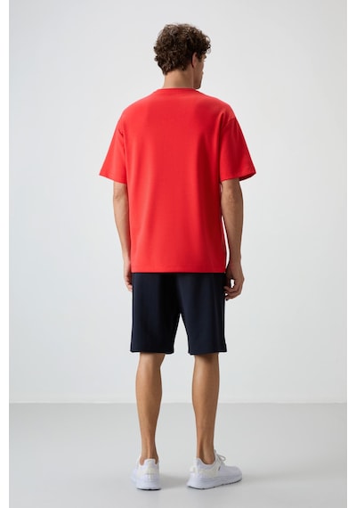 Tommy Life Fiesta - Lacivert Pamuklu Kalın Yumuşak Dokulu Oversize Fit Basic Erkek Şort Takım - 85249 Kırmızı