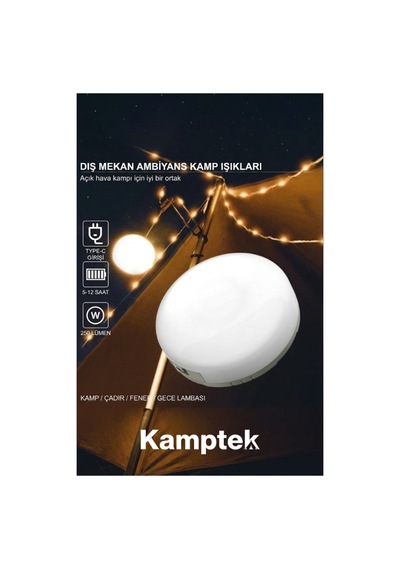 Kamptek Şarj Edilebilir Kamp Lambası - 10 Metre Peri Led Işıklı, 2000mah, 8 Modlu Taşınabilir Kamp Aydınlatması Beyaz