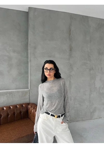 Defymoda Bisiklet Yaka Uzun Kollu Crop - Gri Gri