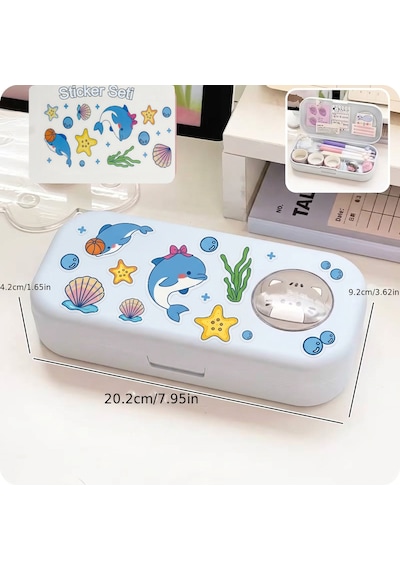 Sevimli Kawaii Figürlü Kalem Kutusu Çok Bölmeli Çift Katlı Büyük Kapasiteli Kalem Kutusu Sticker'lı Kalem Kutusu Sticker Yapıştırılabilir Kalemlik Sticker Kalemlik Mavi