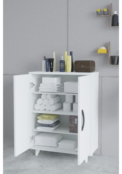 Güney 4 Raflı 2 Kapaklı Banyo Dolabı Havlu Dolabı Beyaz Beyaz