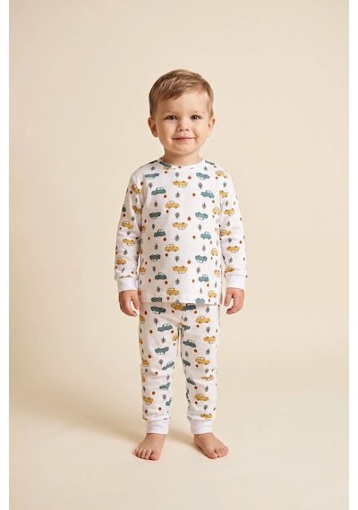 Zuzunga Araba Desenli %100 Pamuk Süprem Kumaş Erkek Bebek - Çocuk Pijama Takımı BEYAZ
