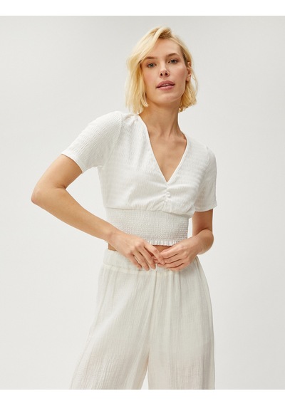 Koton Crop Tişört Gipeli V Yaka Beyaz 3sak50069ek Beyaz