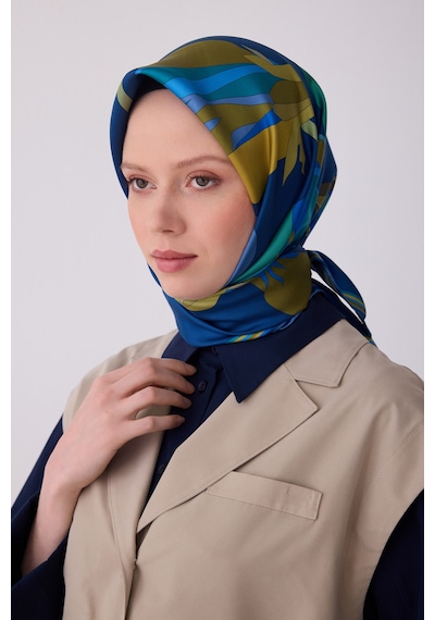 Çiçek Desen İpek Twill Eşarp - 2026 İlkbahar-yaz T 4303 Sax Mavisi