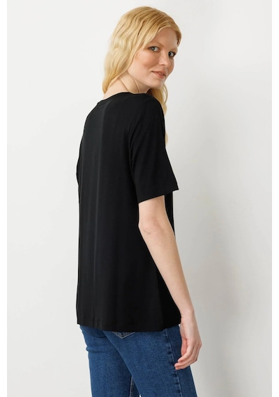 Desen Triko Kadın Sıfır Yaka Önü Taş Baskılı Penye T-shirt 25834 Siyah Siyah