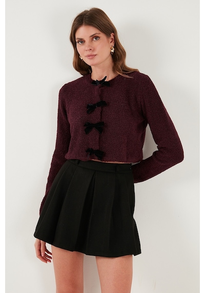 Lela Regular Fit Bisiklet Yaka Kurdele Detaylı Premium Bayan Hırka 680Hi00105 Bordo