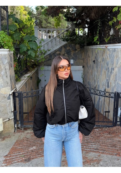 Unika Boutique Kadın Dik Yaka Fermuarlı Crop Şişme Bomber Mont Çok Renkli