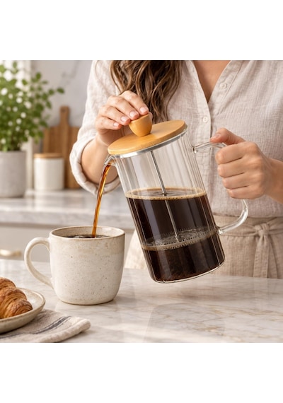 Bambu Kapaklı French Press, 1000 Ml Borosilikat Cam Filtre Kahve Ve Bitki Çayı Demliği, Cam Kulplu, Manuel Pres Filt Diğer