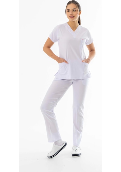 Likra Yarasa Kol Doktor Hemşire Forması Beyaz Lyrs1014 Beyaz