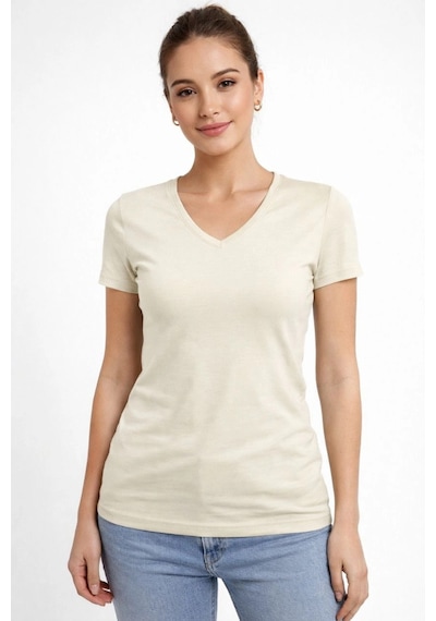 Wear Vexel Kadın T-shirt V Yaka Slim Fit Likralı Tişört Yazlık Basic Body - Taş Taş