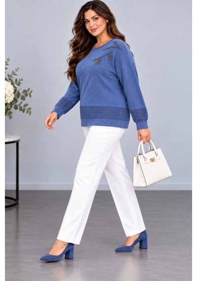 Cedy Denim Cedy Denım Kadın Bisiklet Yaka Dal Yaprak İşlemeli Taş Detaylı Dokulu Triko Kazak C27061 Mavi Cedy Denim Cedy Denım Kadın Bisiklet Yaka Dal Yaprak İşlemeli Taş Detaylı Dokulu Triko Kazak C27061 Mavi