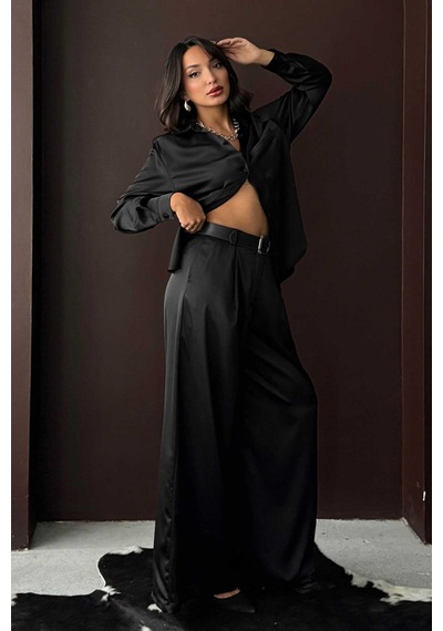 Verymoda Yüksek Bel Bol Paça Saten Pantolon Şık Ve Rahat Tasarım F2052 Siyah