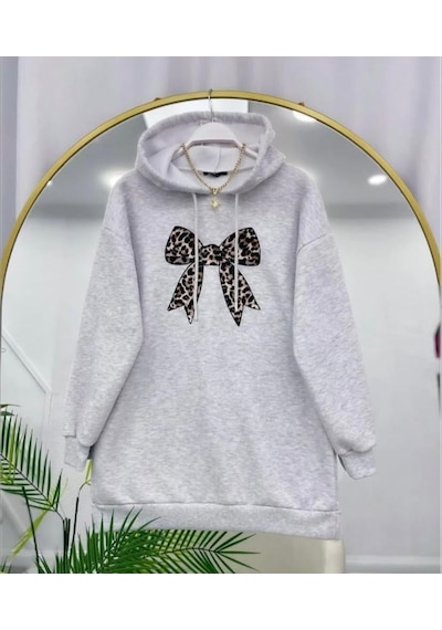 Lovie Moda Kadın Leopar Fiyonk Baskılı Sweatshirt Gri