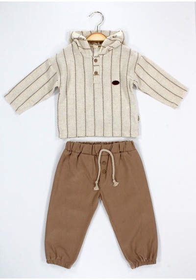 Babyhola Erkek Bebek Bayramlık Takım Müslin Kumaş Kapüşonlu Üst Ve Pantolon Set 2219 Kahverengi