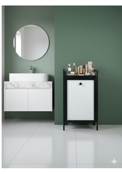 Kapaklı Çamaşır Sepeti & Banyo Düzenleyici Dolap Metal Ayaklı Modern Kirli Sepeti Organizer Beyaz