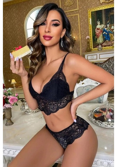 Najmaddin.com Beru Kadın Siyah Dantel Bralet Ve Slip Külotlu İç Çamaşır Takımı