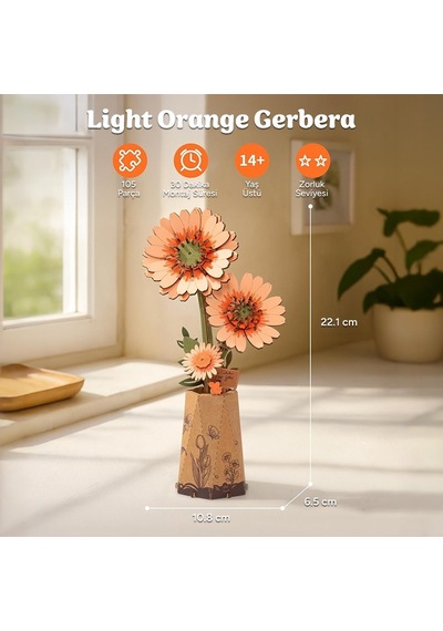 Rowood Tw111 Gerbera Çiçeği Light Orange Gerbera Dıy Minyatür Maket Model Set Ahşap 3d Wooden Puzzle 3d Model Kit Ahşap Maket Dekoratif Hobi Seti