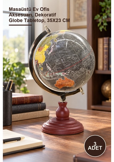 3 Adet Dekoratif Dünya Küre Sl319-b Masaüstü Ev Ofis Aksesuarı, Dekoratif Globe Tabletop, 35x23 Cm