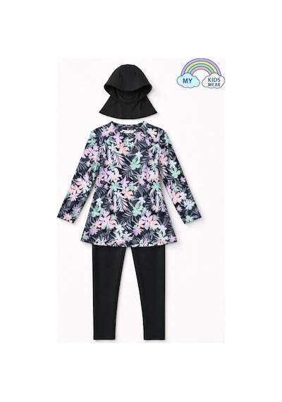 My Kids Wear Kız Çocuk Tesettür Mayo 3 Lü Takım Üst + Tayt + Bone 12567 Gök Mavi