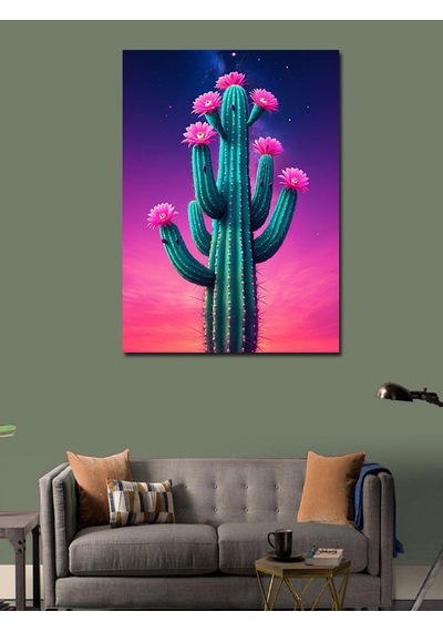 Kanvas Tablo Pembe Çiçekli Kaktüs 100cmx140cm